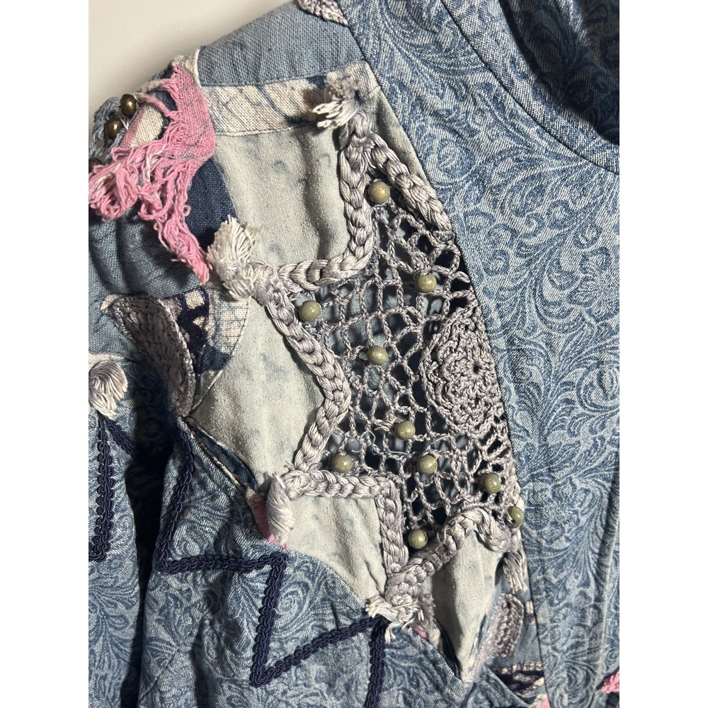 Vintage LIM'S Women's Bomber Jacket 80s Denim Patchwork Embellished Art-to-Wear - Picture 2 of 11